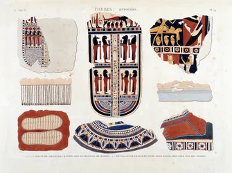 Thebe, Hypogees: 1.2.3.6.7.8. schilderijen van mummie-omhulsels 4.5. Details van een franje en een gestreept doek, gevonden op mummies - in 