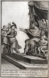 Theodosius I (Flavius Theodosius) (347-395), Romeins keizer, liet Amphiloque, bisschop van Icone, arresteren wegens gebrek aan respect voor zijn zoon, Arcadius (377-408). De bisschop verklaart: "Wanneer we de Arianen beschermen die de goddelijkheid van Jez