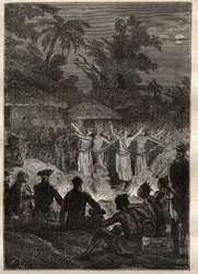 Derde reis (1776-1779) door Kapitein James Cook (1728-1779): een feest op de eilanden van de Vrienden (Koninkrijk Tonga, Polynesië) - illustratie uit 