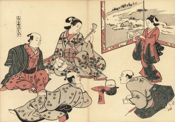 Drie samoerai luisteren naar een courtisane die de shamisen speelt, terwijl een kamuro eten op een dienblad brengt. Houtsnede door Masanobu Okumura (1686-1764) uit Fuzoku Emakimono, Beeldrol van de Waterhandel, Tokio, herdruk circa 1880