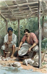 Blikschrobbers in Malakka, Maleisië. Chromolithografie uit de late 19e eeuw.