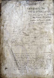 Titelpagina van een manuscript: Verovering van de Heilige Graal, geschreven 717 jaar na de passie van onze heer. Bibliotheque municipale de Rennes, ms. 255 (Collectie van romans van de Ronde Tafel)