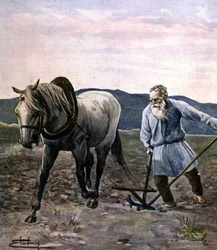 Tolstoy aan het ploegen. Gravure eind 19e eeuw