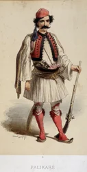 Traditioneel Grieks mannelijk kostuum - gravure, eind 19e eeuw