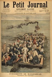 Transport van gewonde repatrianten uit Madagaskar. Gravure in 