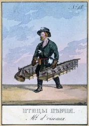 Reizende vogelhandelaar - Gravure uit de 19e eeuw