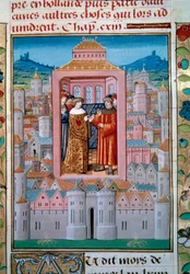 Verdrag van Conflans op 5/10/1465 tussen koning Lodewijk XI en Karel de Stoute. Miniatuur uit 