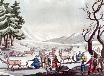Tungusen, Siberië. Tekening door Cartelli. Bibliotheek van decoratieve kunsten van Parijs. "Het oude en moderne kostuum"