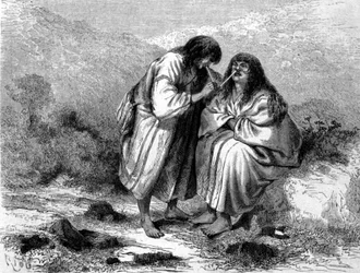Twee indios uit Peru nemen tabak. Gravure uit de 19e eeuw