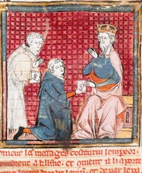 Twee boodschappers kondigen aan Karel de Grote (742-814) de overwinning op de Saracenen. Miniatuur uit 