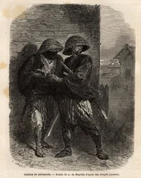 Twee ronins (samurai die zijn meester heeft verloren) in een hinderlaag. Gravure ter illustratie van de reis naar Japan, in 1863-1864, door Aimé Humbert, minister van de Zwitserse Confederatie, in 