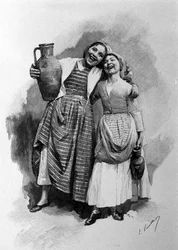 Twee jonge vrouwen van het volk, inwoners van Palermo. Gravure uit de 19e eeuw