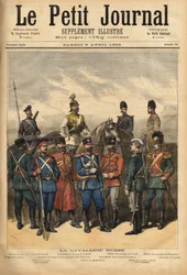 Uniformen van de Russische cavalerie, bondgenoot van Frankrijk, te paard van links naar rechts: Kozak van het Garderegiment, het slagschipregiment van de Garde, officier van de Oeral-Kozakken, en officier van de Kozakken van de keizer. Op de voorgrond, sta