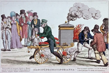 Velocipedraisiavaporianna: stoomvelocipede - gravure rond 1818, Bibliotheek van de stad Parijs