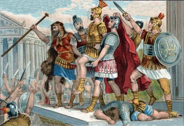 Vespasianus (in het Latijn Titus Flavius Vespasianus) (9-79) werd door zijn soldaten tot keizer uitgeroepen. Chromolithografie rond 1890.