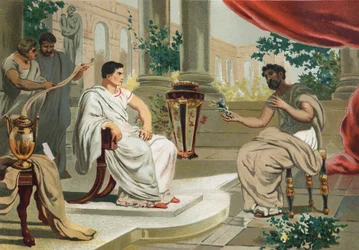 Vespasianus (in Latijn Titus Flavius Vespasianus) met Plinius de Oudere. naar 