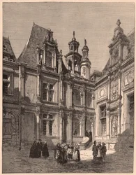 Uitzicht vanuit het interieur van de binnenplaats van het Hotel Escoville in Caen in 1860, Frankrijk