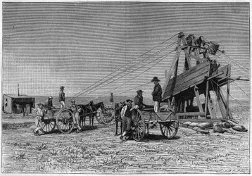 Uitzicht vanaf het oppervlak van de Kimberley Diamond Mine in Zuid-Afrika. Gravure uit 1883.