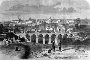 Zicht op de stad Luxemburg. Gravure uit de 19e eeuw