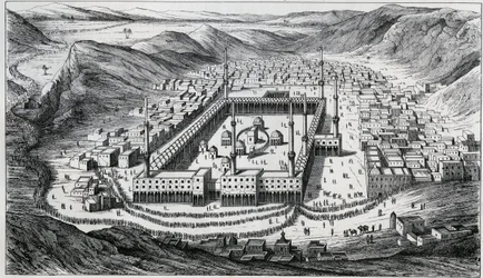 Uitzicht op Mekka en zijn grote moskee ten tijde van het bezoek van de pelgrims. Gravure 19e eeuw.