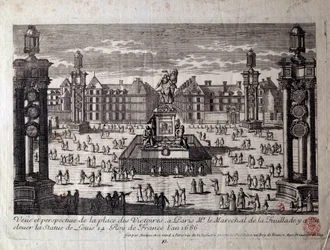 Zicht op Place des Victoires in Parijs met het standbeeld van Lodewijk XIV