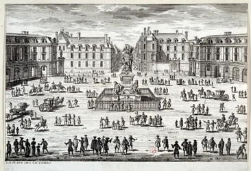Uitzicht op Place des Victoires in Parijs met het standbeeld van Lodewijk XIV opgericht door de maarschalk de la Feuillade in 1686. Gravure van de 17e eeuw Parijs, Musee Carnavalet