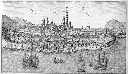 Zicht op Quebec City in Canada (eind 17e eeuw): A. Jardin du fort. B. Het fort. C. Kruitmagazijn. D. Les Recollets. E. Ursulinen. F. De Jezuïeten. G. De kathedraal. H. Het seminarie. I. Hotel Dieu. L. Algemeen Ziekenhuis. Mr. L