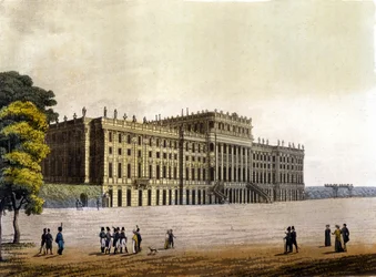 Zicht op Schloss Schönbrunn, voormalige residentie van de Oostenrijkse keizerlijke familie, Wenen, Oostenrijk, gravure rond 1830