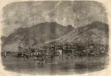Zicht op Victoria City in Hong Kong. Gravure in 
