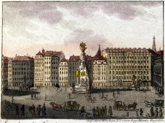 Zicht op Wenen en Grabenplein (hol) dat zijn naam ontleent aan de greppel die door de Romeinen werd gegraven om de stad te verdedigen. Lithografie uit het midden van de 19e eeuw