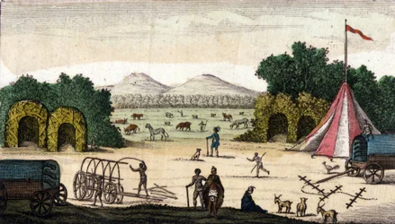 Zicht op een Nederlands kamp (van Pioniers Boeren of Voortrekkers, Afrikaners) in Pampoen Kraal (Pampoen-Kraal), Kaapprovincie, Zuid-Afrika. 1860