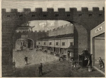 Uitzicht op een straat in de stadsmuren van Guangzhou, China. Gravure in 