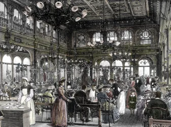 Uitzicht op een van de restaurants (bouillon), goedkope arbeiderskantine, opgericht door Alexandre Duval in Parijs 1880 - 1885. 19e eeuw