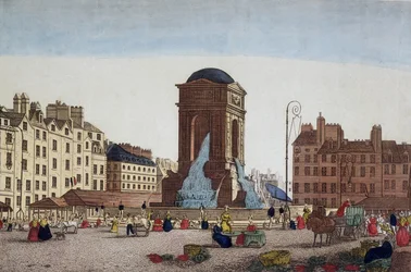 Zicht op de Markt en Fontein van de Onschuldigen - gravure