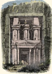 Zicht op de Khazneh (de Schatkamer) van Petra in Jordanië, voormalige hoofdstad van het Nabateese Rijk. Gravure uit de 19e eeuw