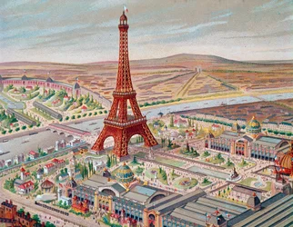 Uitzicht op de Wereldtentoonstelling met de verschillende paviljoens en de Eiffeltoren