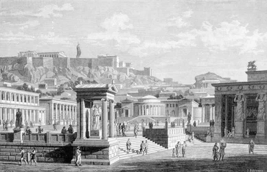 Uitzicht op het stadscentrum van Athene. Gravure uit 1877