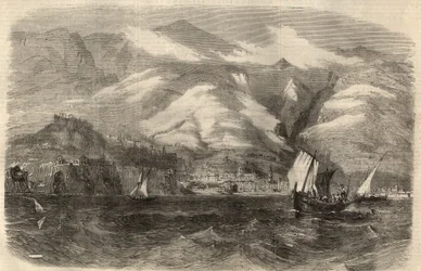 Uitzicht op de stad Funchal op het eiland Madeira in Portugal. Gravure in 