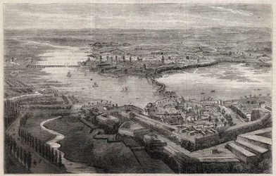 Uitzicht op de stad Mantua (Mantova, Mantua) in de 19e eeuw