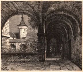 Uitzicht op de kloostergang van de abdij van Solesmes vanuit de galerij, Sarthe, Frankrijk