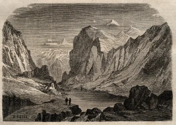 Zicht op het land van Davos in Zwitserland in de 19e eeuw - gravure in 