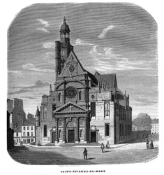 Gezicht op de gevel van de kerk van Saint-Etienne-du-Mont, Place Sainte-Genevieve in Parijs in het 5e arrondissement in 1858.