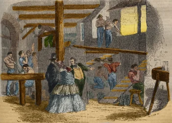 Zicht op het interieur van een glasblazerij met glasblazers. Gravure uit 1856 in 