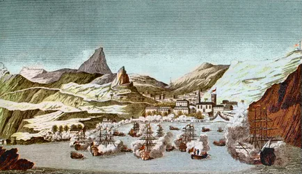 Gezicht op het eiland Sint-Helena - gravure uit de 19e eeuw.