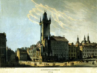 Uitzicht op het oude stadhuis van Praag rond 1860