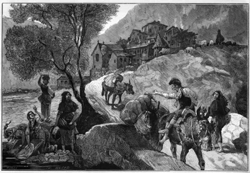 Zicht op het dorp Andorra la Vella van de Republiek Andorra en zijn inwoners Andorranen. Gravure in 