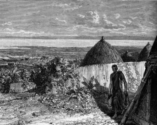 Dorp aan de oevers van het Albert Nyanza-meer (of Albertmeer), Afrika. Gravure in 