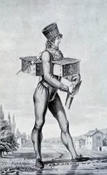 Oorlogskostuum van de 19e eeuw. Gravure van de 19e eeuw.