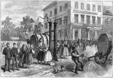 Besproeiingssysteem in de straten van Wenen, Oostenrijk in 1873
