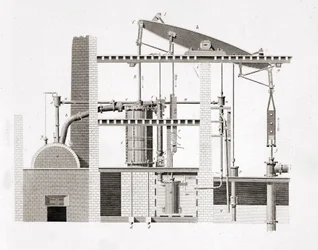 Watt stoommachine. Schema. 19e-eeuwse gravure
